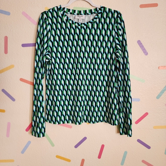 DVF Crewneck Arrow Geo Green Long Sleeve Top NwoT Size LARGE - Picture 3 of 6